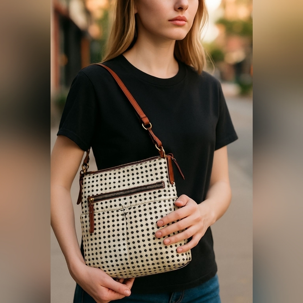 Vtg Fossil Poka Dot Women's Hand Bag Purse City Scape Fashion